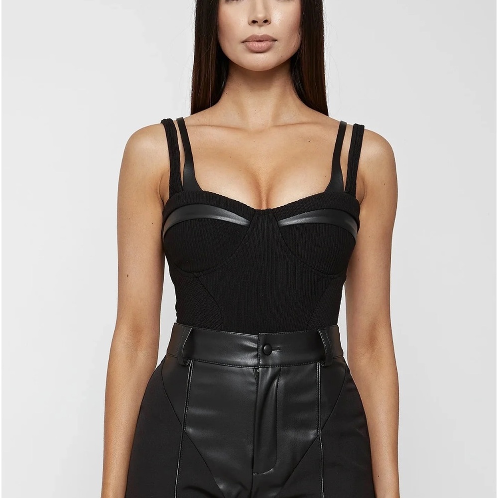 Maniere De Voir Black Ribbed Strappy Back Bodysuit